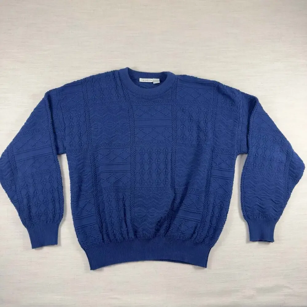 Vintage Claiborne Blue Textured Patchwork Knit Cotton Sweater Made in‎ USA